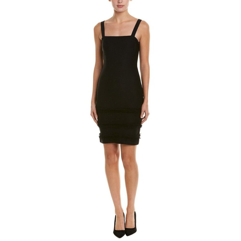 BCBGMAXAZRIA Little Black Fringe-Trimmed Knit Sheath Dress Size M‎